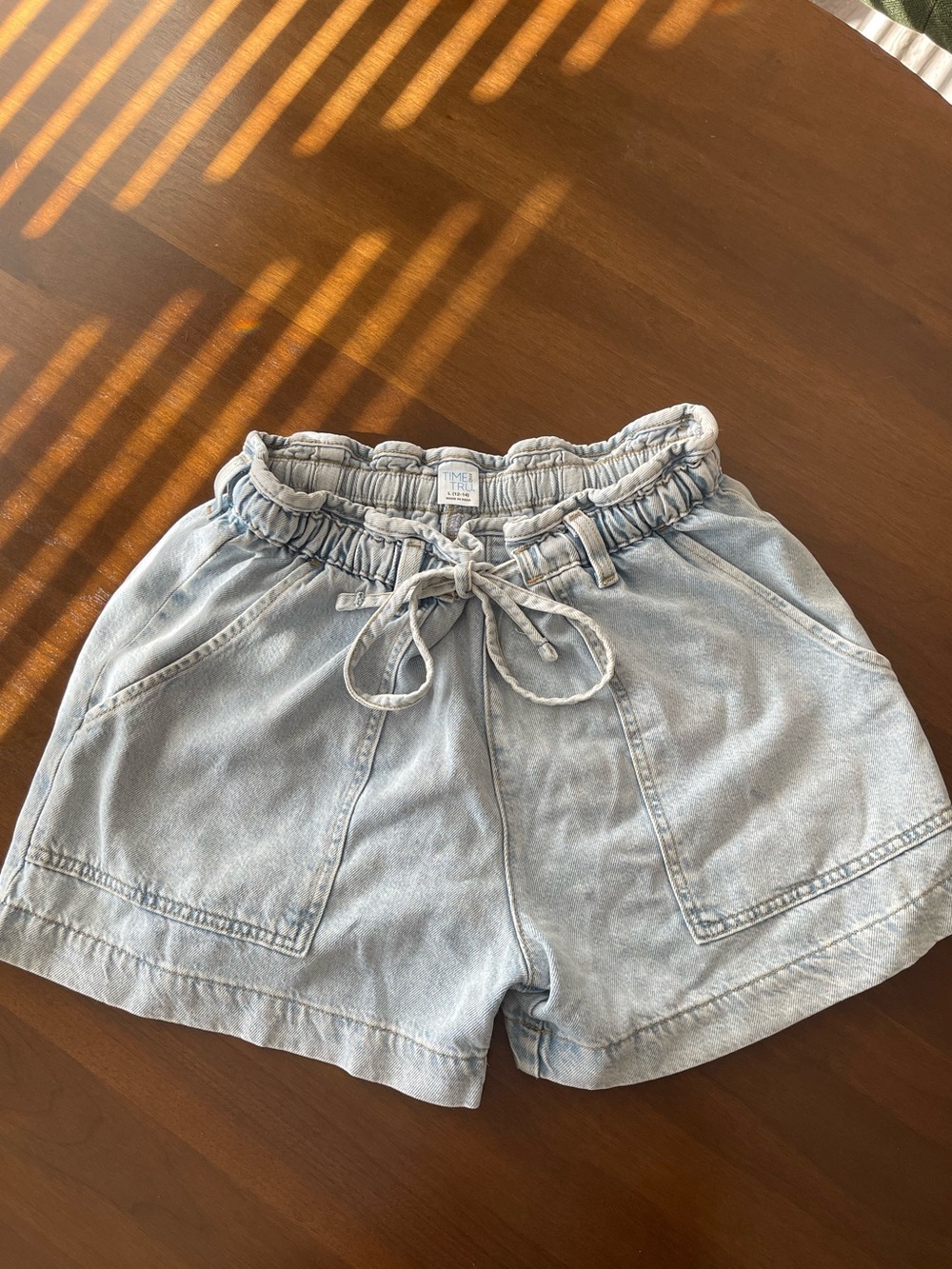 Time and Tru Light Blue Paperbag Denim Shorts with Tie